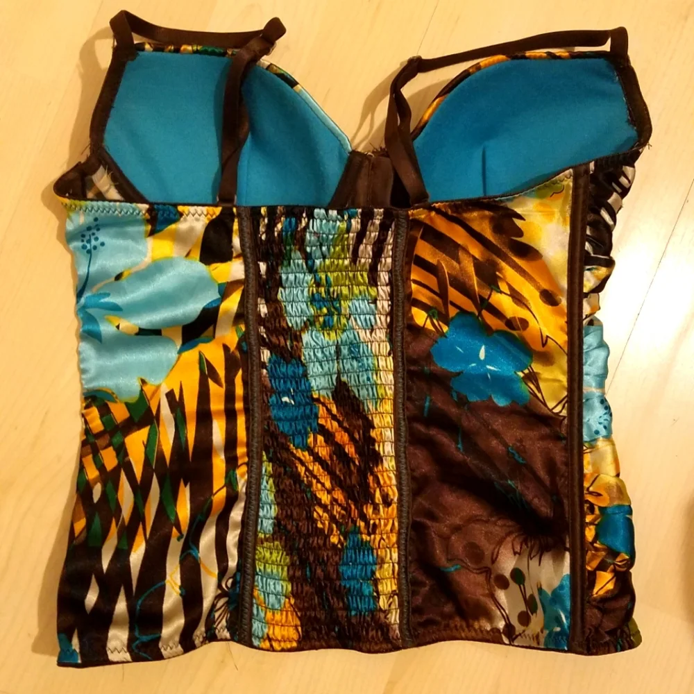 Teal/Aqua/Turquoise/Gold/Brown Corset Top With Straps - Picture 8 of 8